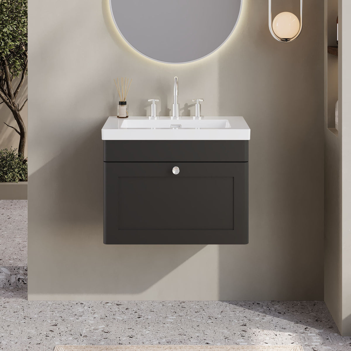 Modern Splash 600mm Soft Black 1 Drawer Wall Hung Vanity Unit With 3 Tap Hole Fireclay Basin