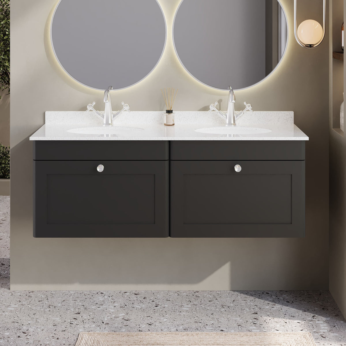 Modern Splash 1200mm Soft Black 2 Drawer Wall Hung Vanity Unit With 2 Tap Hole Marble Basin