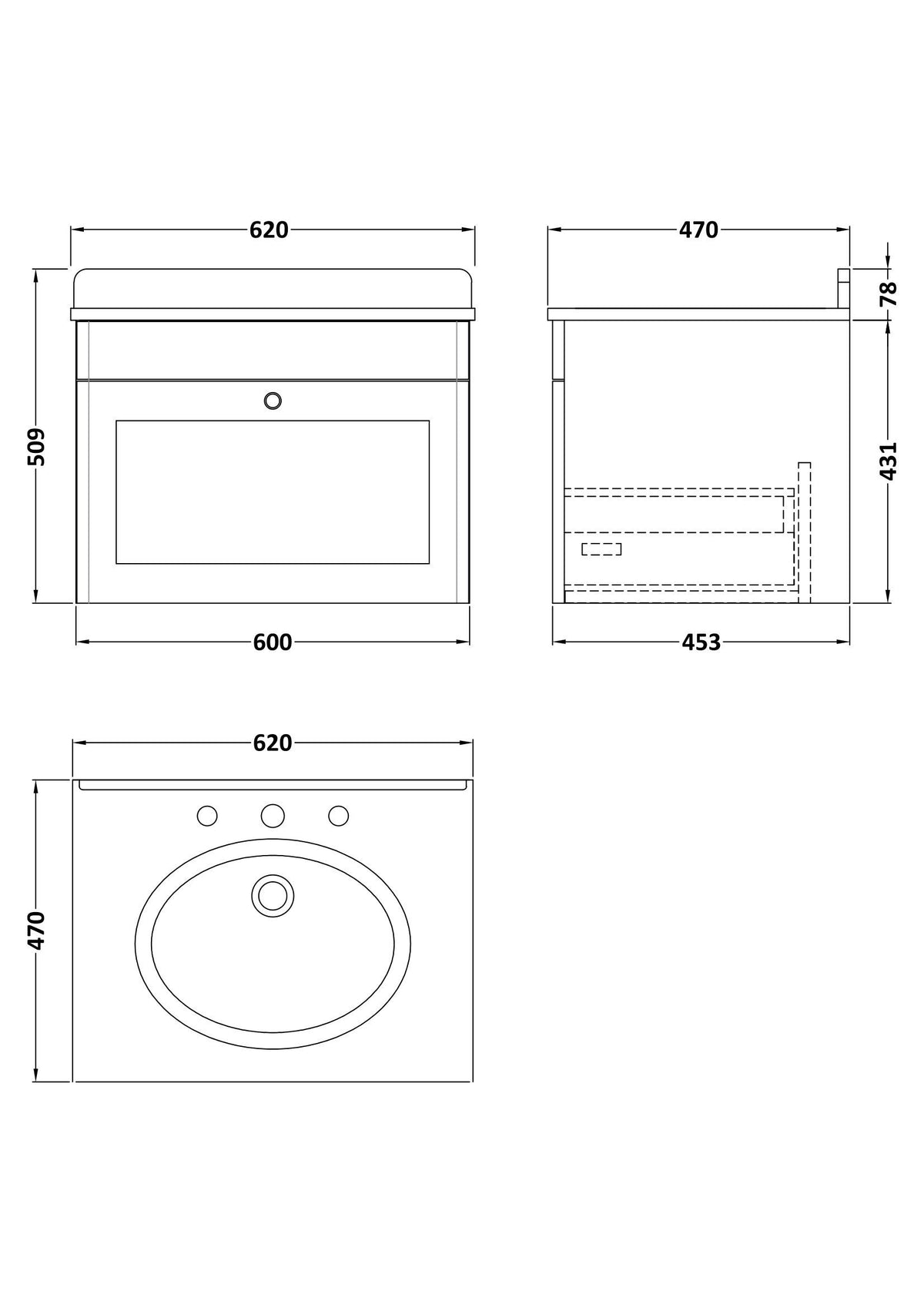 Modern Splash 600mm Soft Black 1 Drawer Wall Hung Vanity Unit With 3 Tap Hole Marble Basin