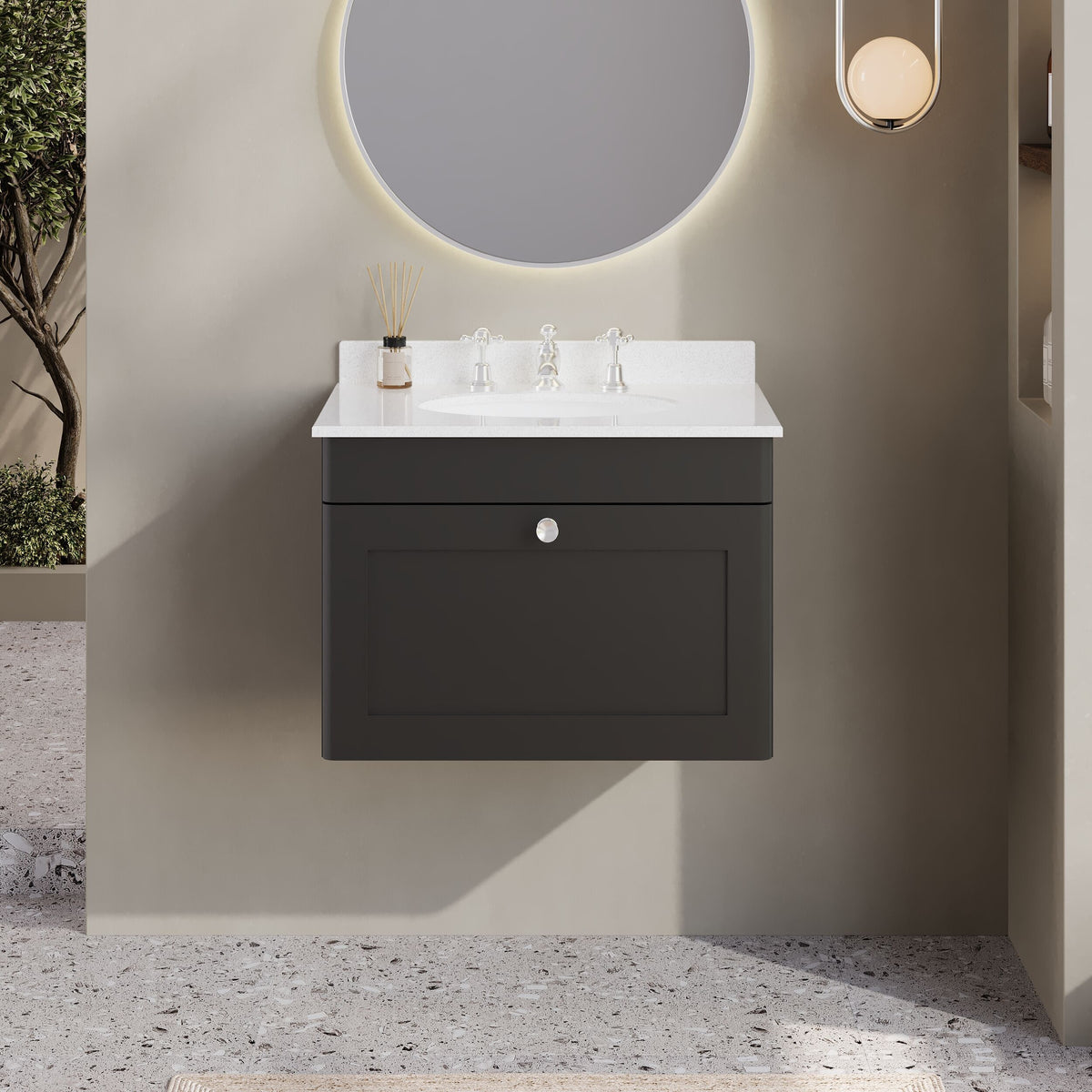 Modern Splash 600mm Soft Black 1 Drawer Wall Hung Vanity Unit With 3 Tap Hole Marble Basin