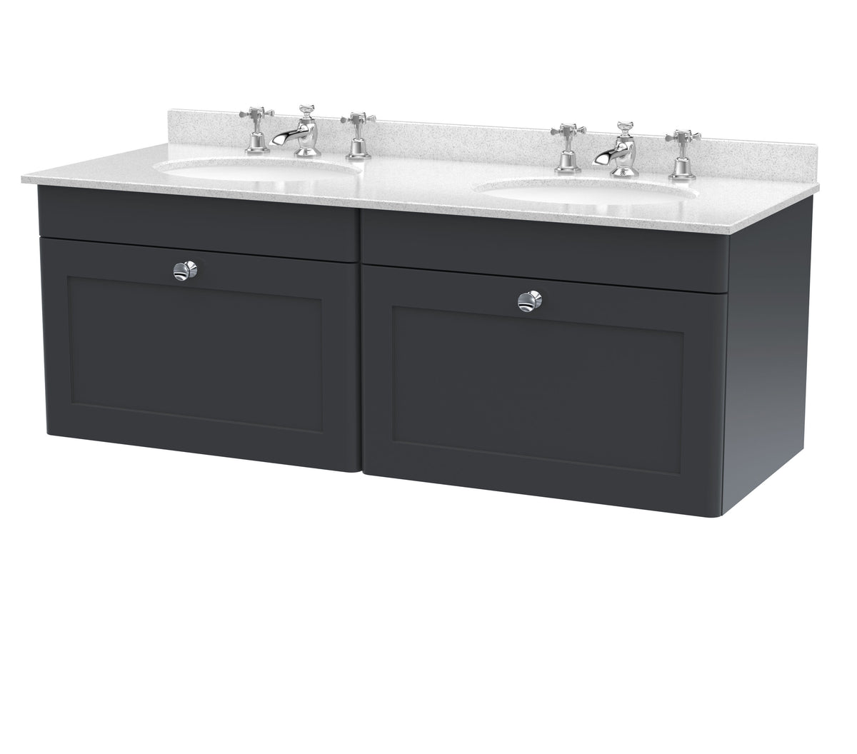 Modern Splash 1200mm Soft Black 2 Drawer Wall Hung Vanity Unit With 6 Tap Hole Marble Basin