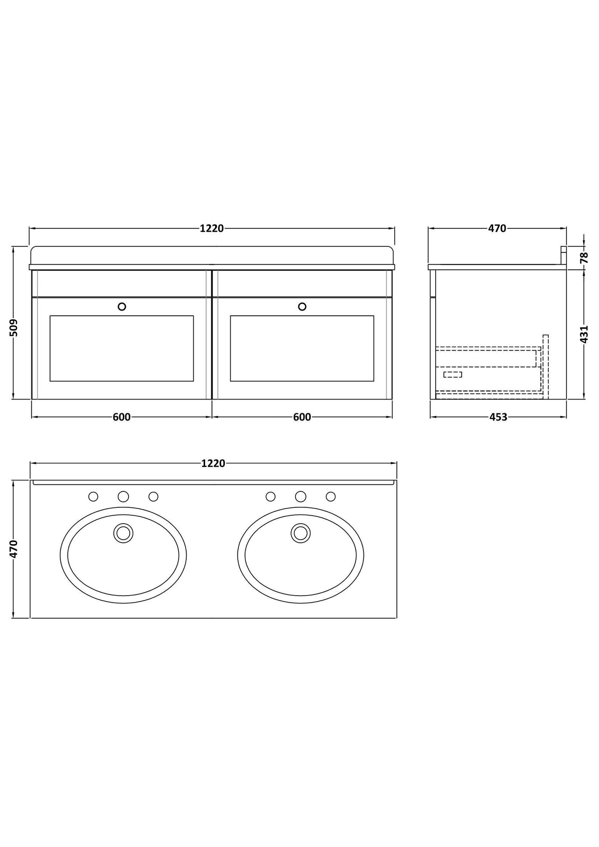 Modern Splash 1200mm Soft Black 2 Drawer Wall Hung Vanity Unit With 6 Tap Hole Marble Basin