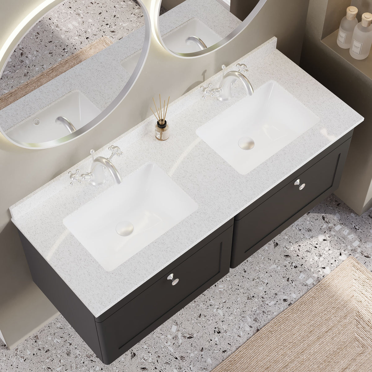 Modern Splash 1200mm Soft Black 2 Drawer Wall Hung Vanity With Twin Marble Basin