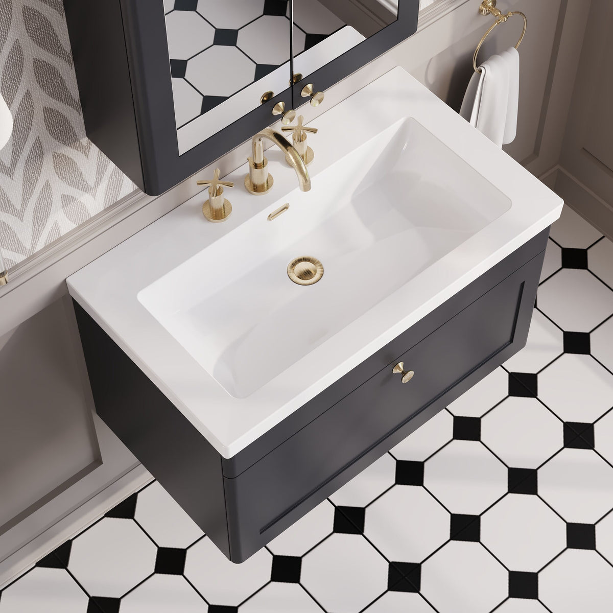 Modern Splash 800mm Soft Black 1 Drawer Wall Hung Vanity Unit With 3 Tap Hole Fireclay Basin