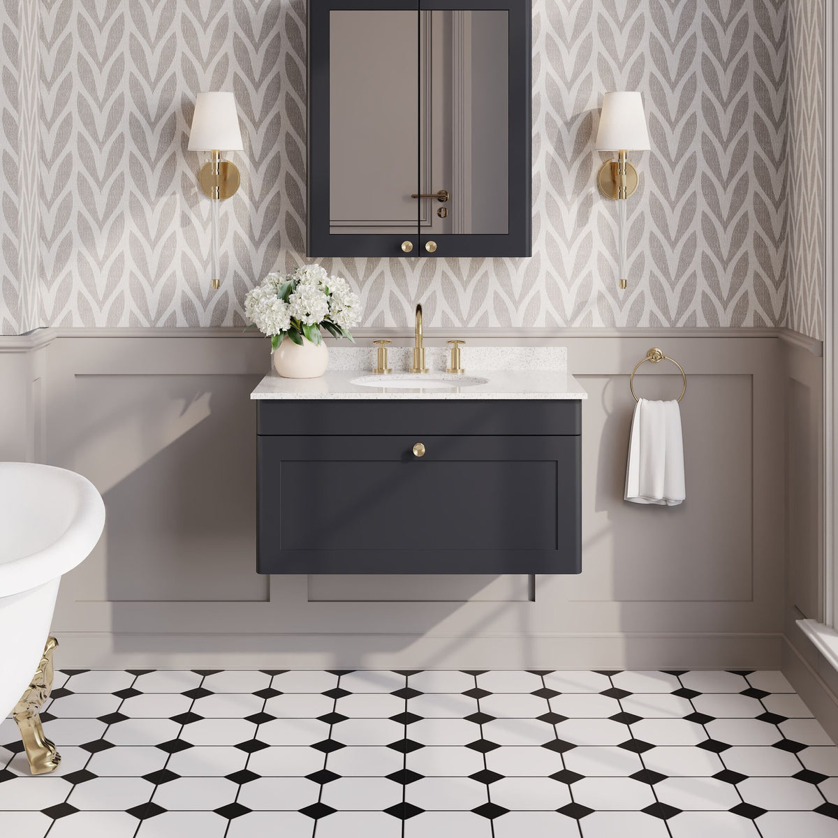 Modern Splash 800mm Soft Black 1 Drawer Wall Hung Vanity Unit With 3 Tap Hole Marble Basin