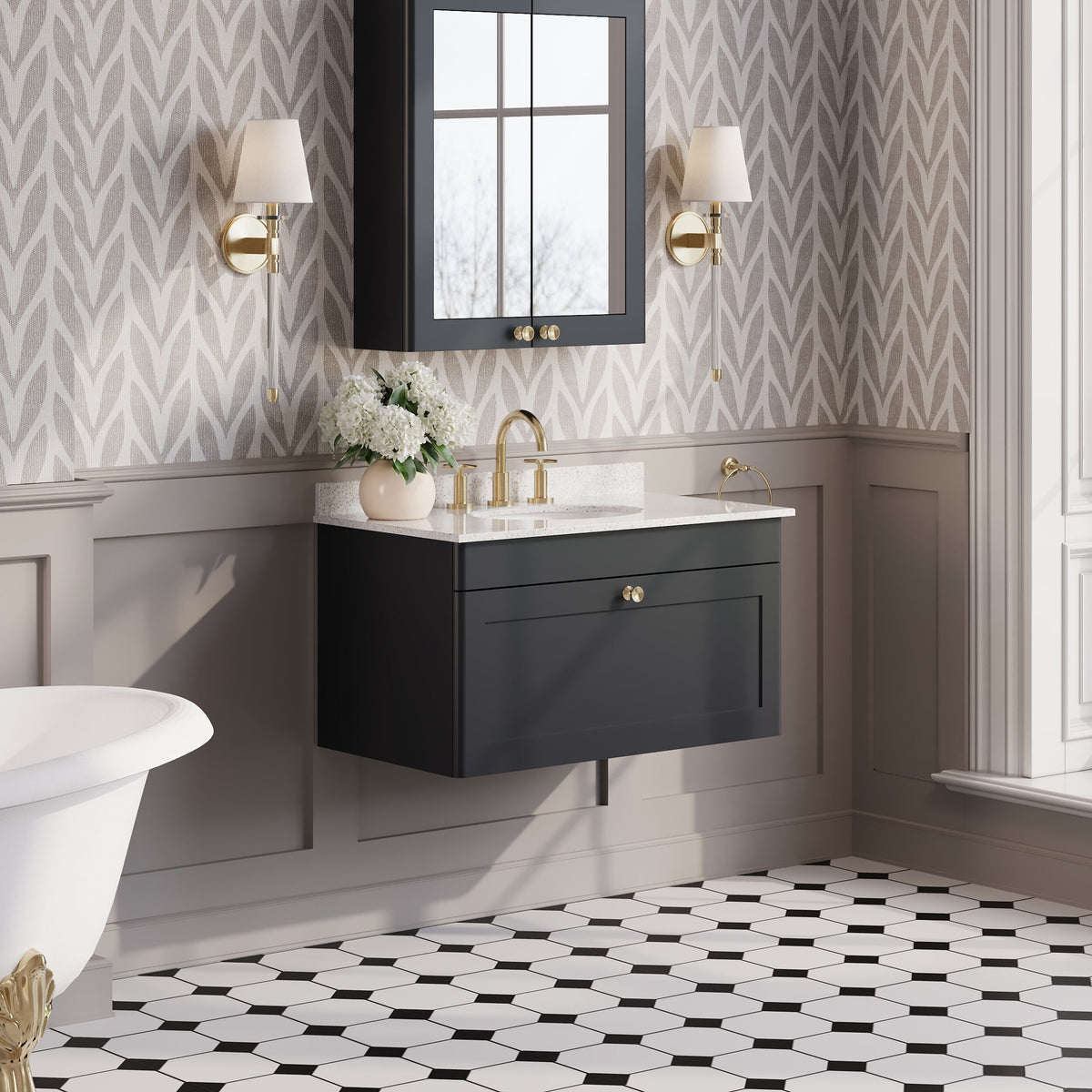 Modern Splash 800mm Soft Black 1 Drawer Wall Hung Vanity Unit With 3 Tap Hole Marble Basin