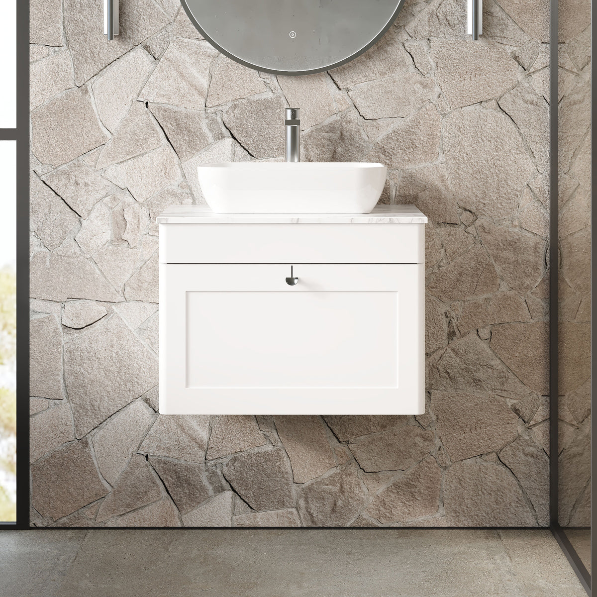 Modern Splash 600mm 1 Drawer Wall Hung Vanity With Carrara Marble Worktop Marble