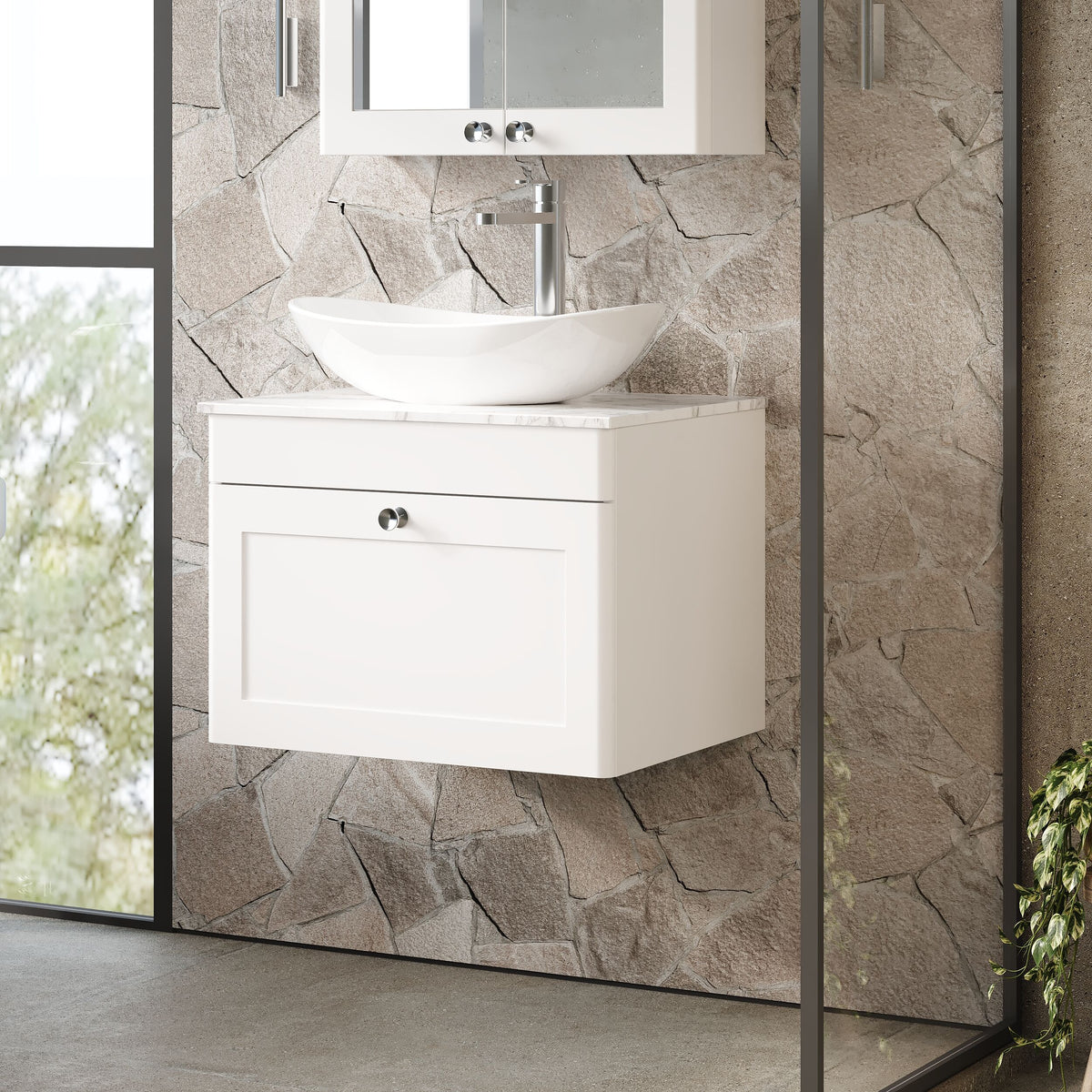 Modern Splash 600mm 1 Drawer Wall Hung Vanity With Carrara Marble Worktop Marble