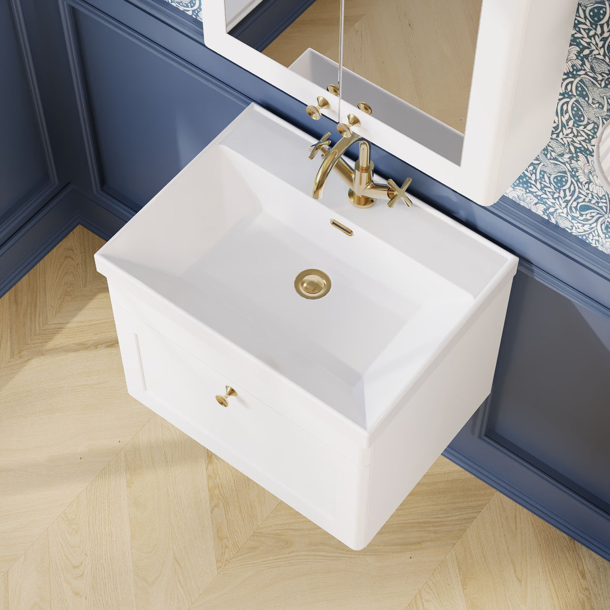Modern Splash 600mm Satin White 1 Drawer Wall Hung Vanity Unit With 1 Tap Hole Thin Edge Basin