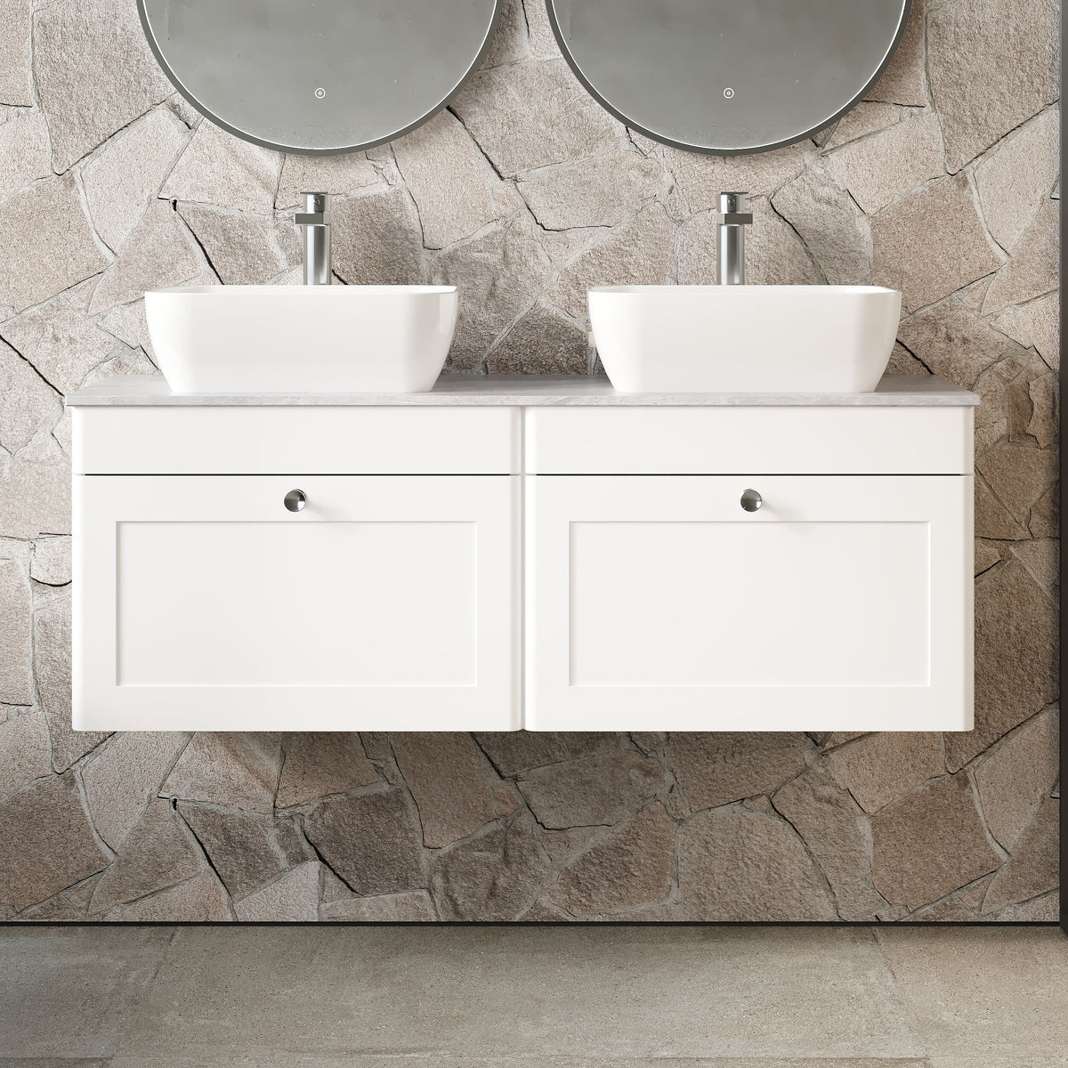 Modern Splash 1200mm Satin White 2 Drawer Wall Hung Vanity With Grey Marble Worktop
