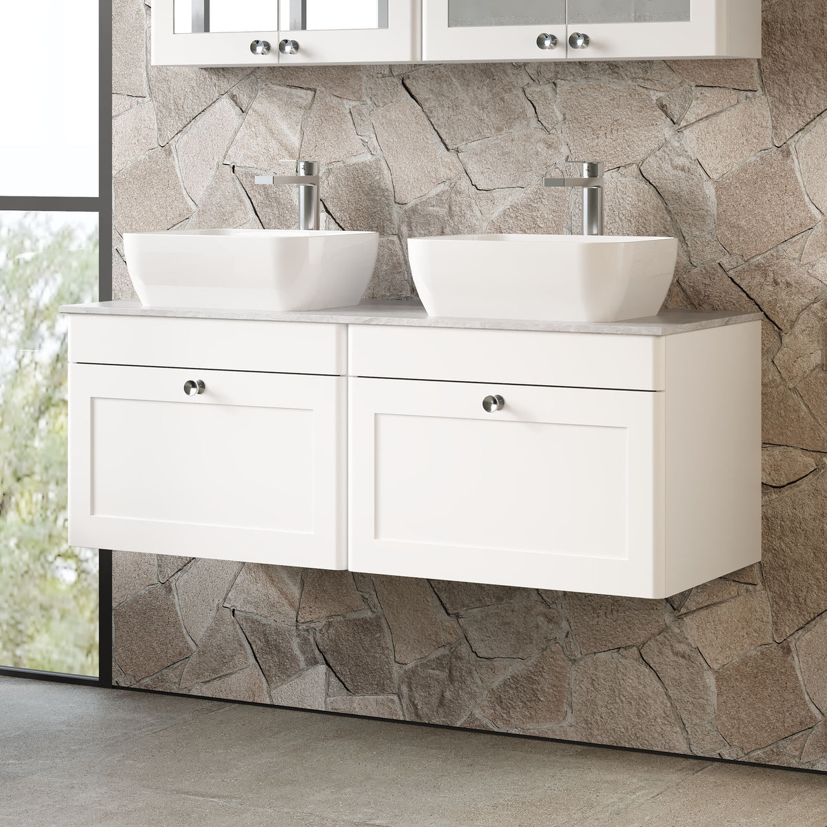 Modern Splash 1200mm Satin White 2 Drawer Wall Hung Vanity With Grey Marble Worktop