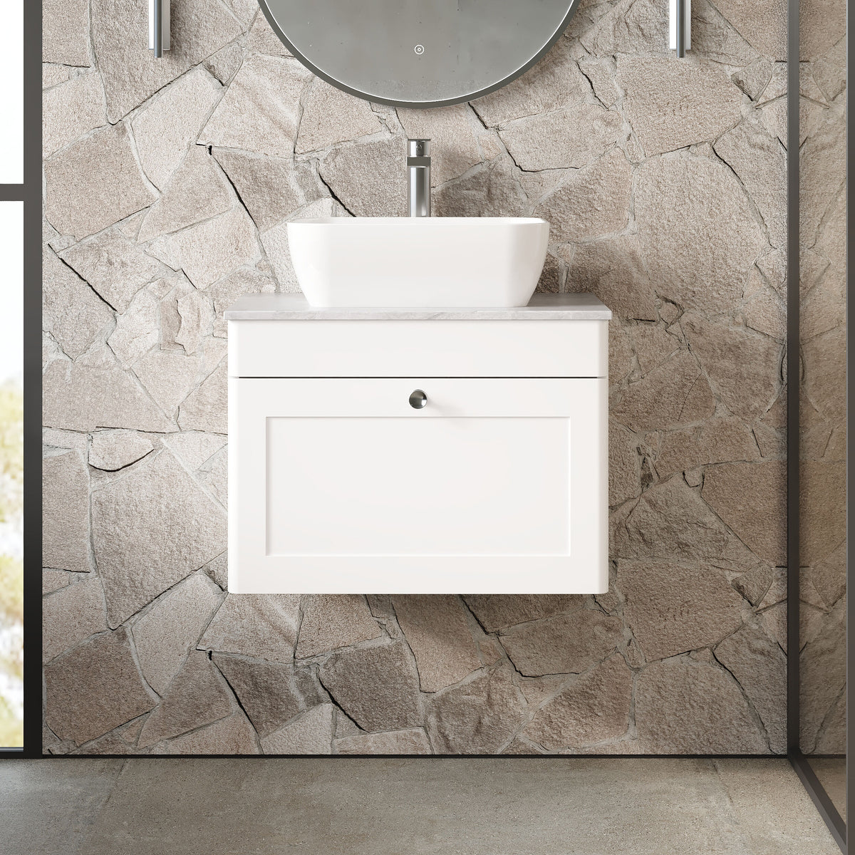 Modern Splash 600mm Satin White 1 Drawer Wall Hung Vanity Unit With Grey Marble Worktop