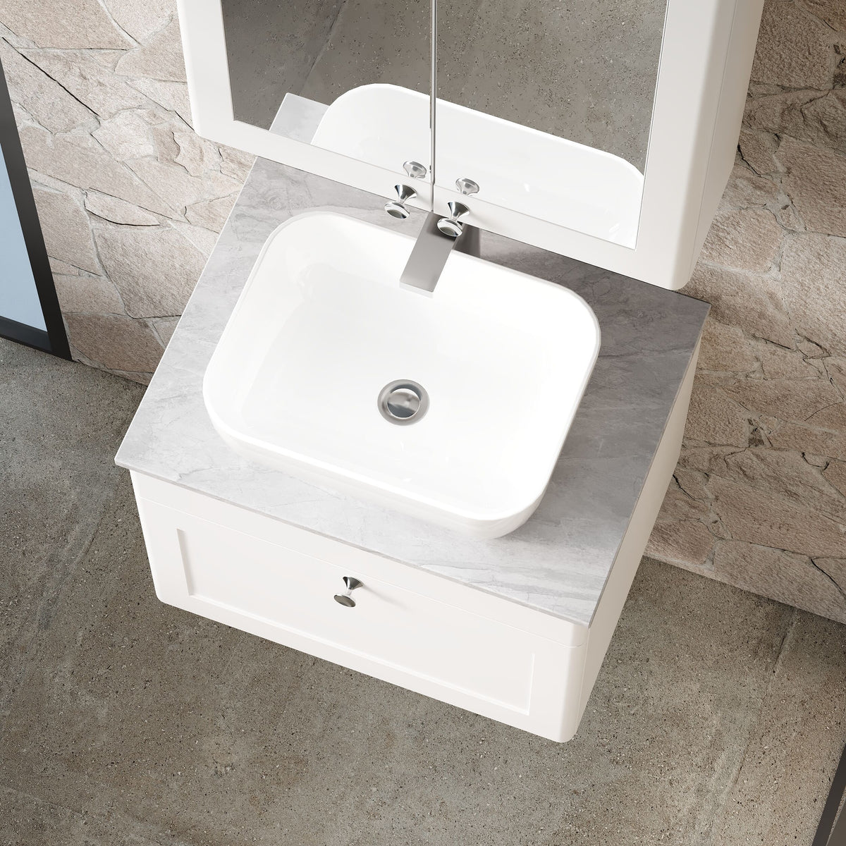 Modern Splash 600mm Satin White 1 Drawer Wall Hung Vanity Unit With Grey Marble Worktop