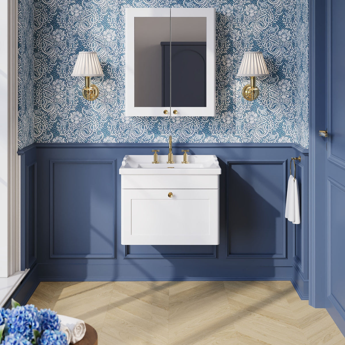 Modern Splash 600mm Satin White 1 Drawer Wall Hung Vanity Unit With 3 Tap Hole Basin