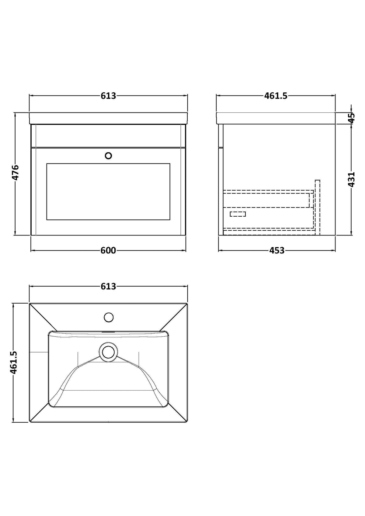 Modern Splash 600mm Satin White 1 Drawer Wall Hung Vanity Unit With 1 Tap Hole Fireclay Basin