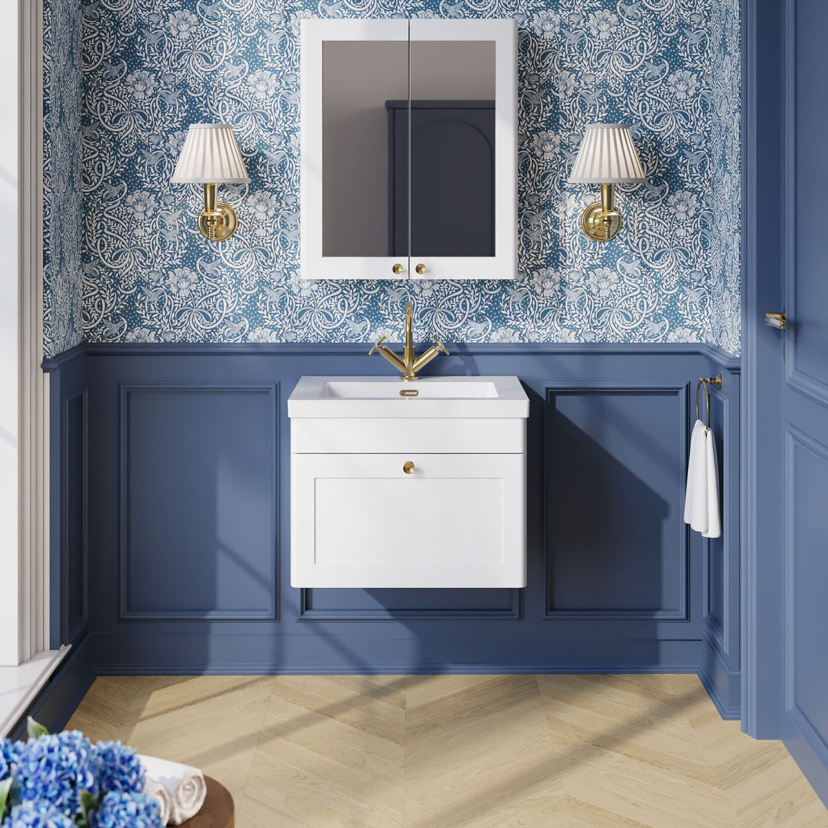 Modern Splash 600mm Satin White 1 Drawer Wall Hung Vanity Unit With 1 Tap Hole Fireclay Basin