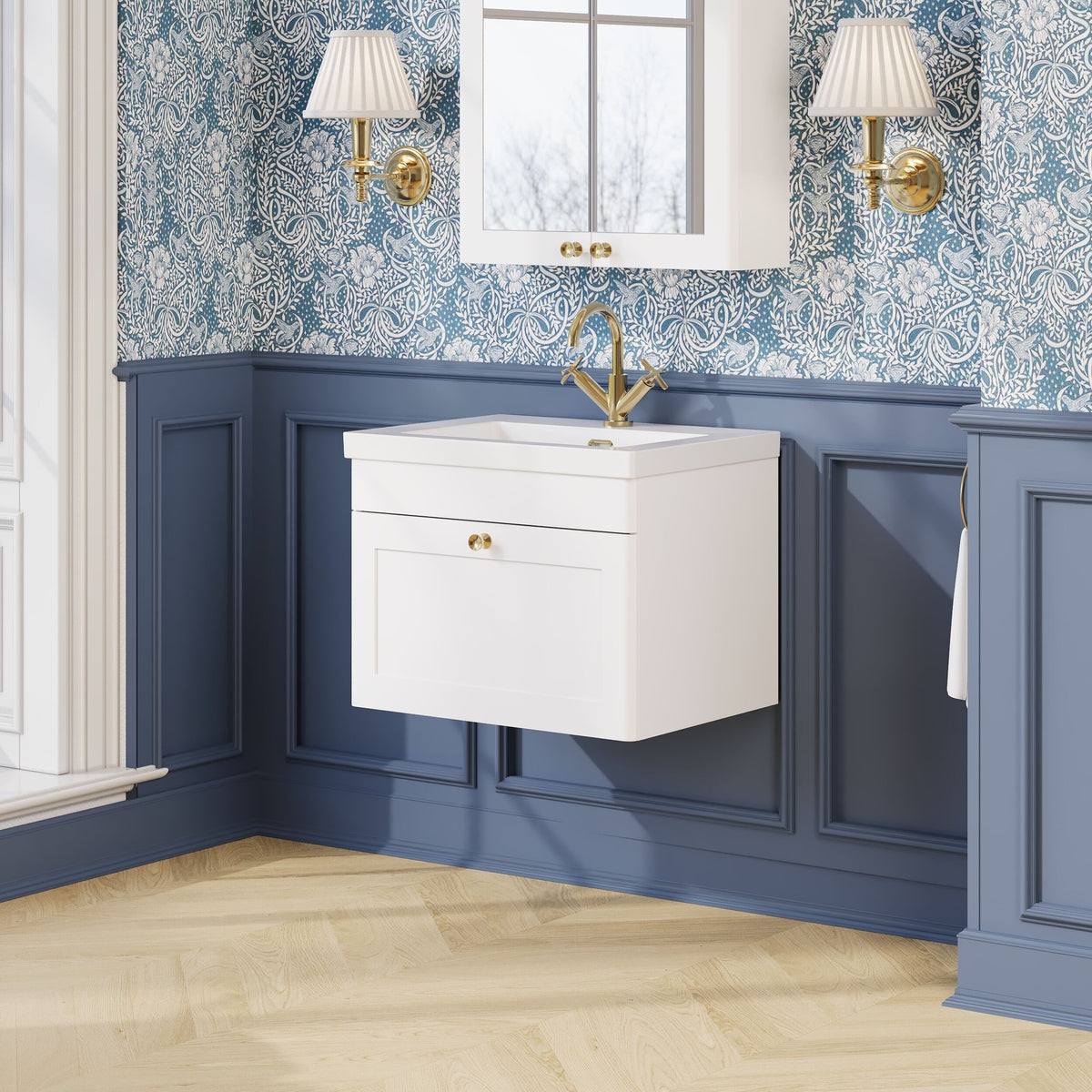 Modern Splash 600mm Satin White 1 Drawer Wall Hung Vanity Unit With 1 Tap Hole Fireclay Basin