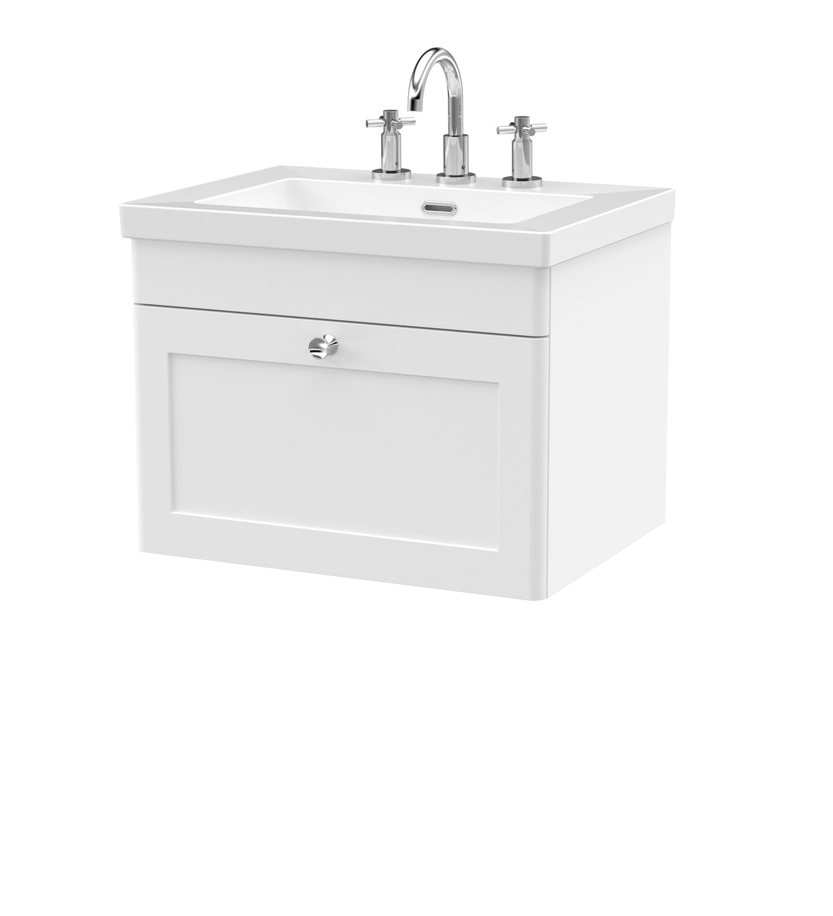 Modern Splash 600mm Satin White 1 Drawer Wall Hung Vanity Unit With 3 Tap Hole Fireclay Basin