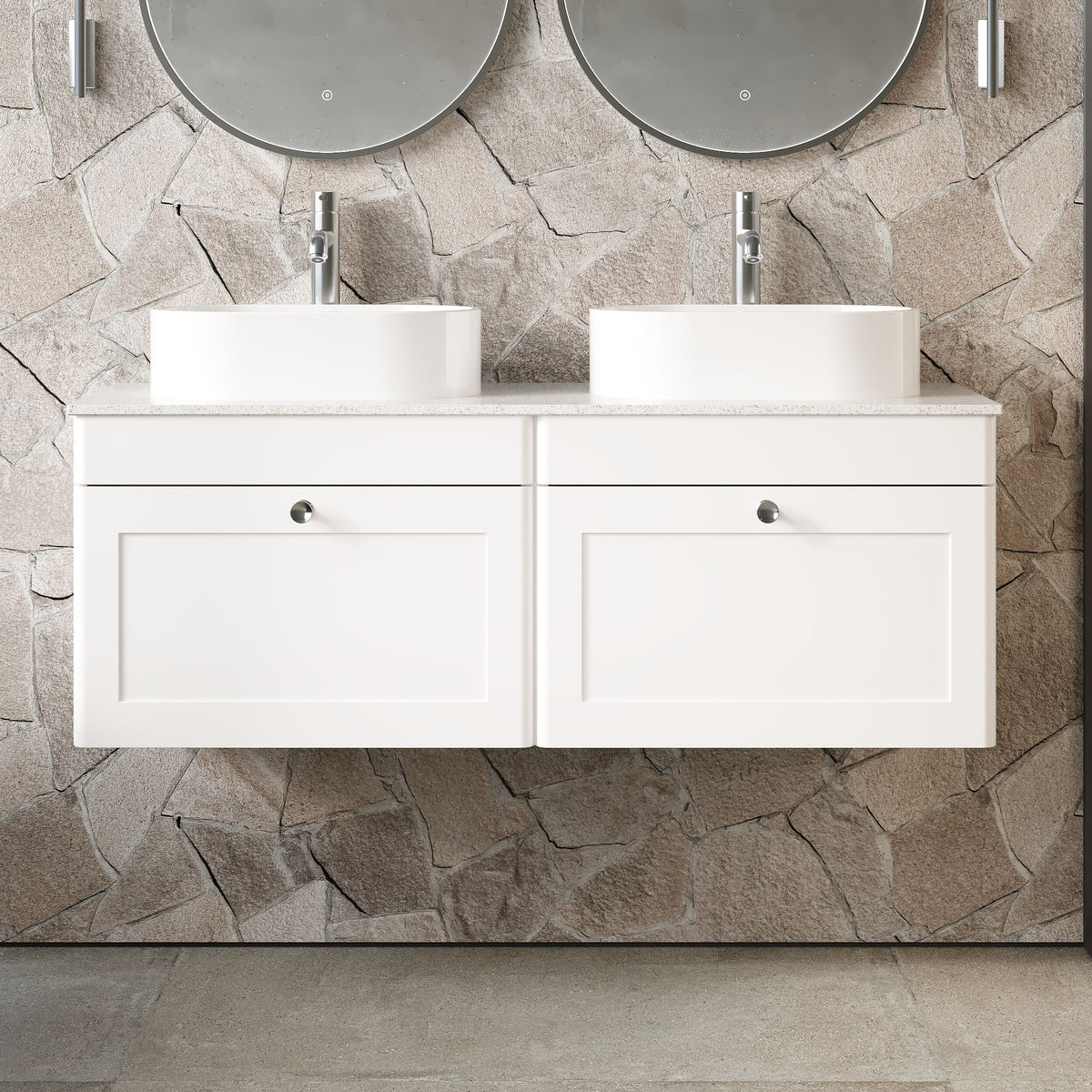 Modern Splash 1200mm Satin White 2 Drawer Wall Hung Vanity With White Marble Worktop