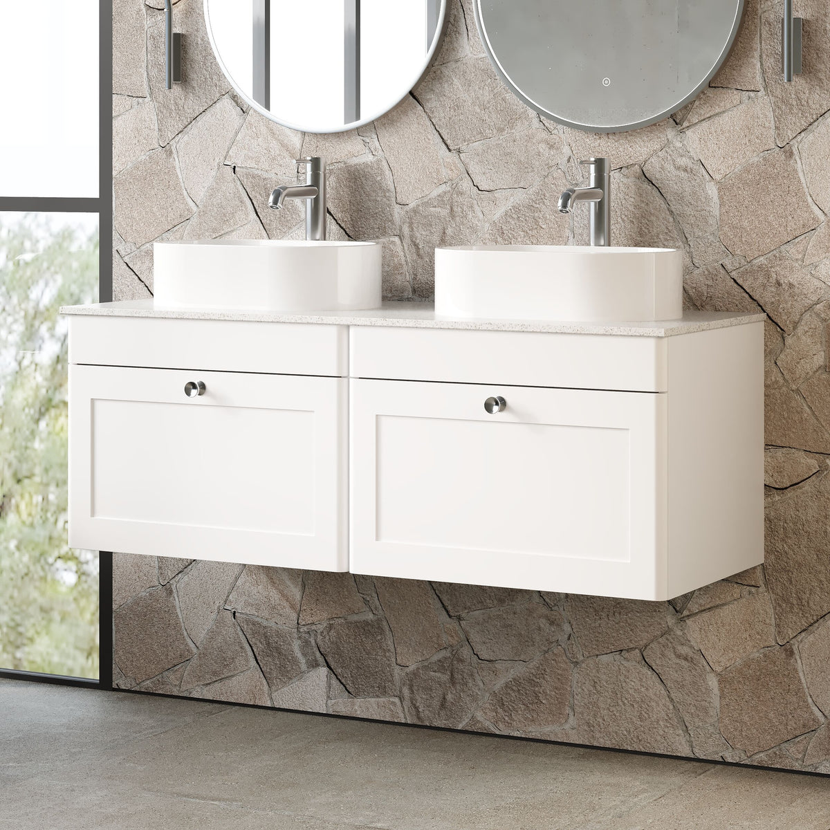 Modern Splash 1200mm Satin White 2 Drawer Wall Hung Vanity With White Marble Worktop