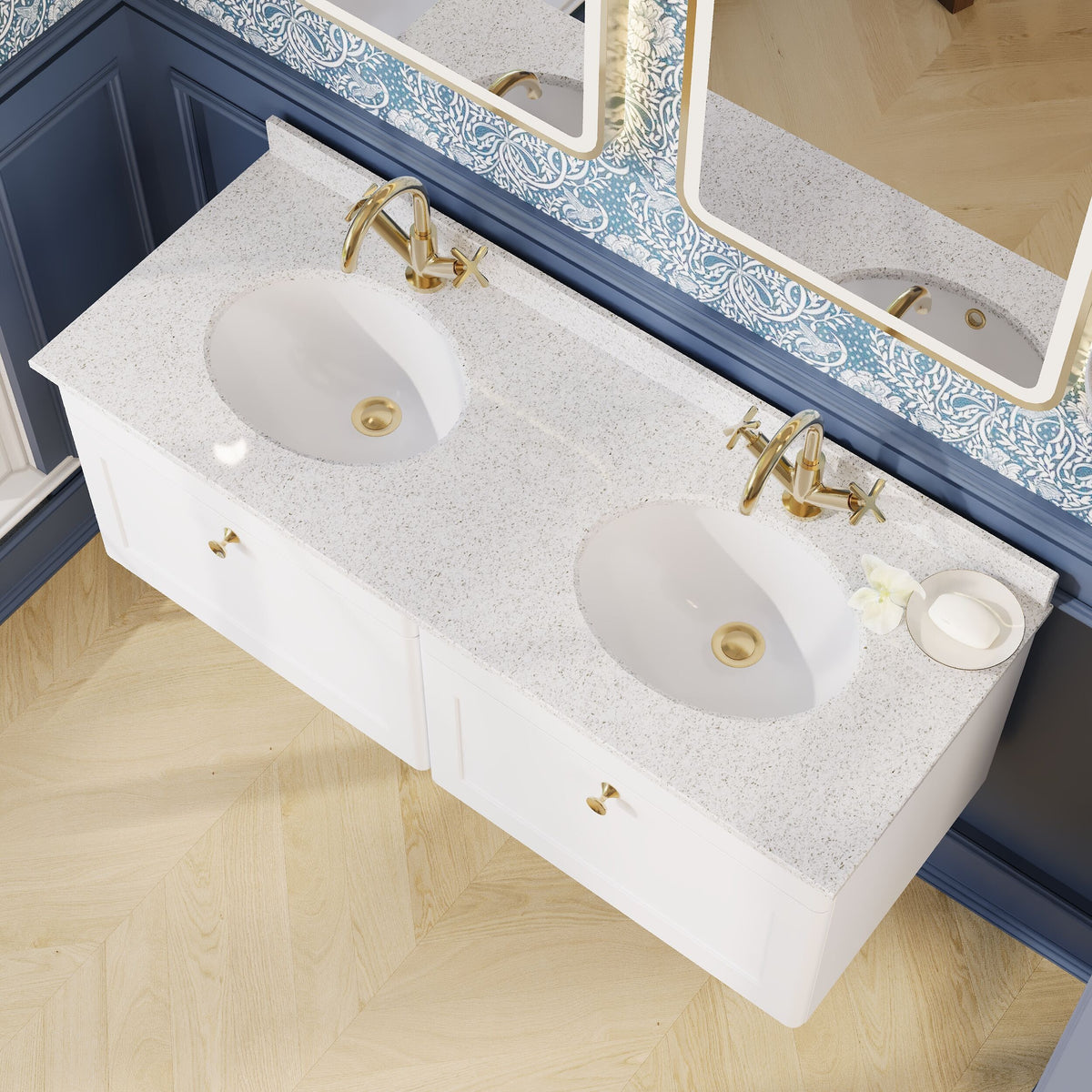 Modern Splash 1200mm Satin White 2 Drawer Wall Hung Vanity Unit With 2 Tap Hole Marble Basin