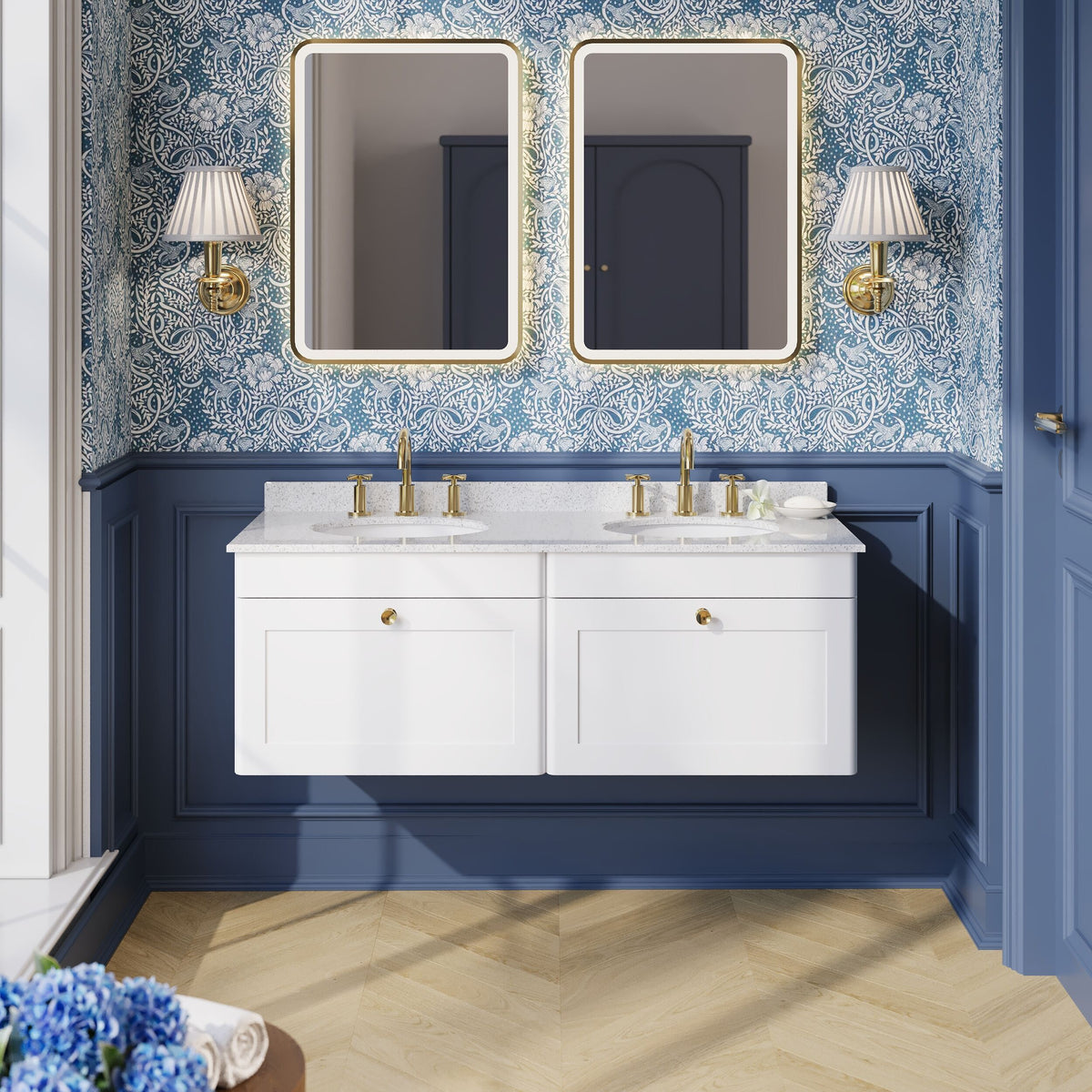Modern Splash 1200mm Satin White 2 Drawer Wall Hung Vanity Unit With 6 Tap Hole Marble Basin
