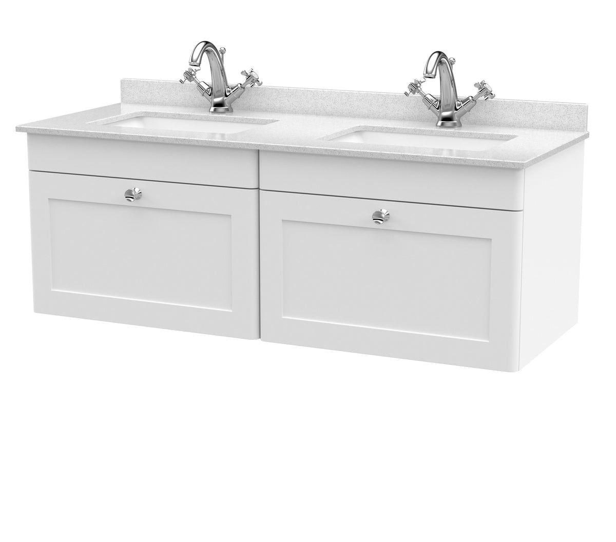 Modern Splash 1200mm Satin White 2 Drawer Wall Hung Vanity With Twin Marble Basin