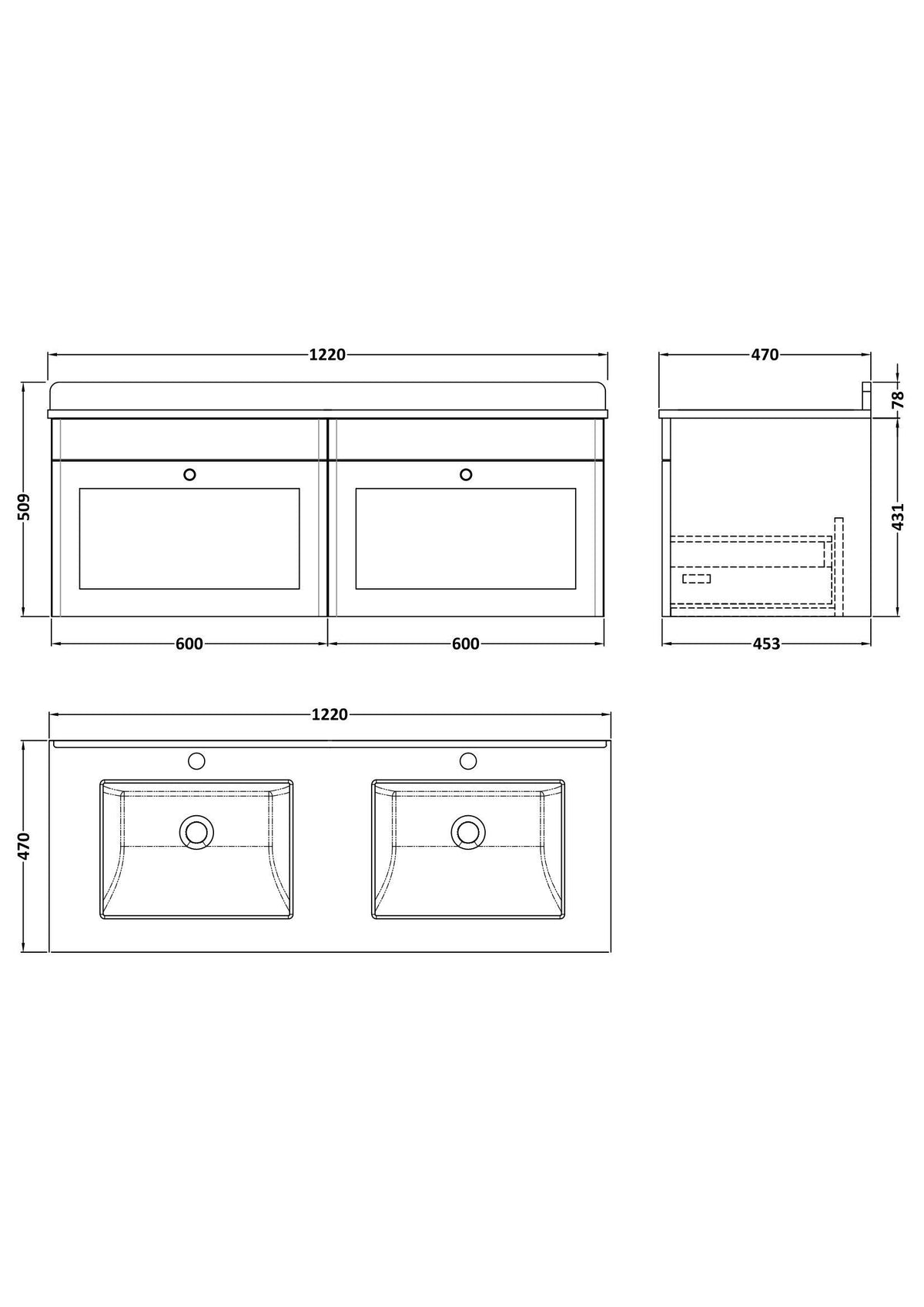 Modern Splash 1200mm Satin White 2 Drawer Wall Hung Vanity With Twin Marble Basin