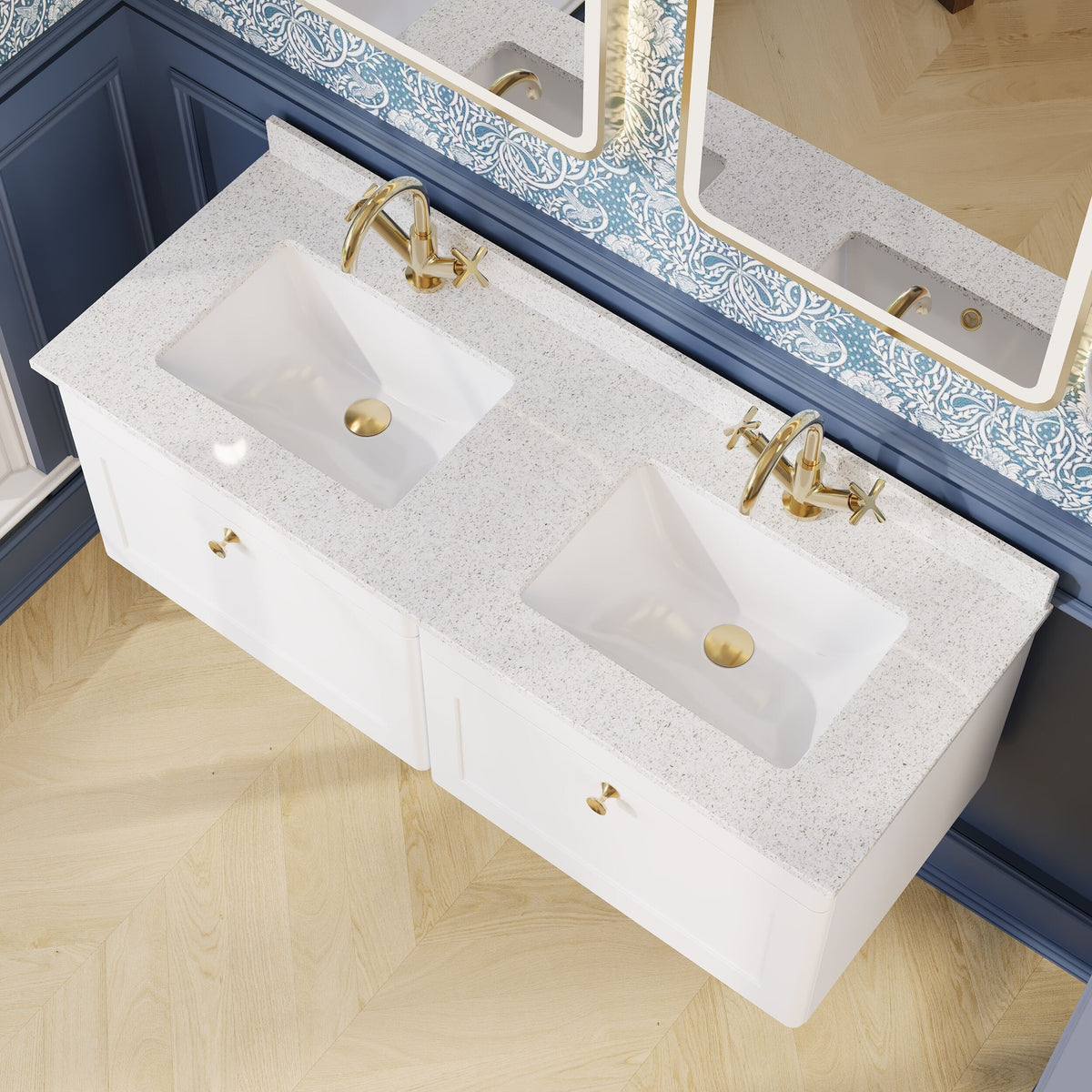 Modern Splash 1200mm Satin White 2 Drawer Wall Hung Vanity With Twin Marble Basin