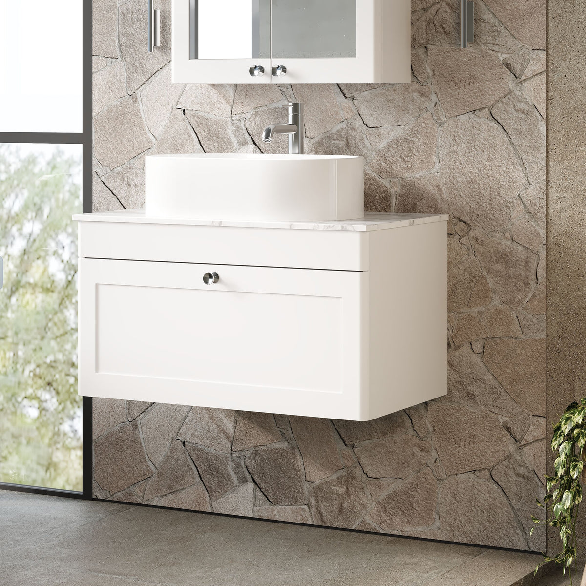 Modern Splash 800mm Satin White 1 Drawer Wall Hung Vanity Unit With Carrara Marble Worktop