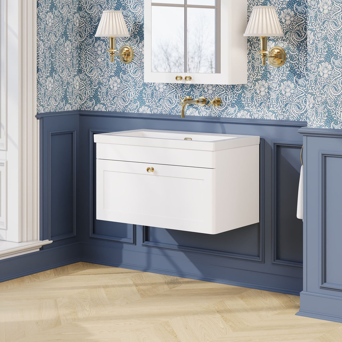 Modern Splash 800mm Satin White 1 Drawer Wall Hung Vanity Unit With Fireclay Basin