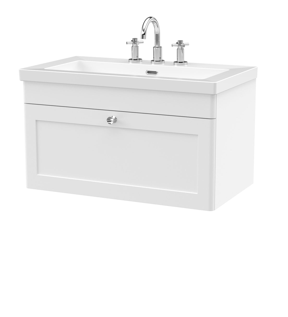 Modern Splash 800mm Satin White 1 Drawer Wall Hung Vanity Unit With 3 Tap Hole Fireclay Basin