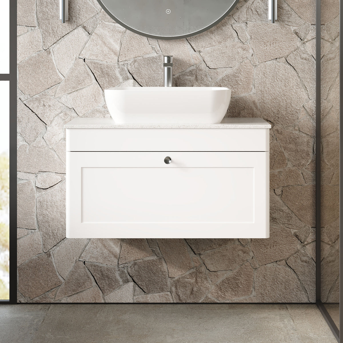 Modern Splash 800mm Satin White 1 Drawer Wall Hung Vanity With White Marble Worktop