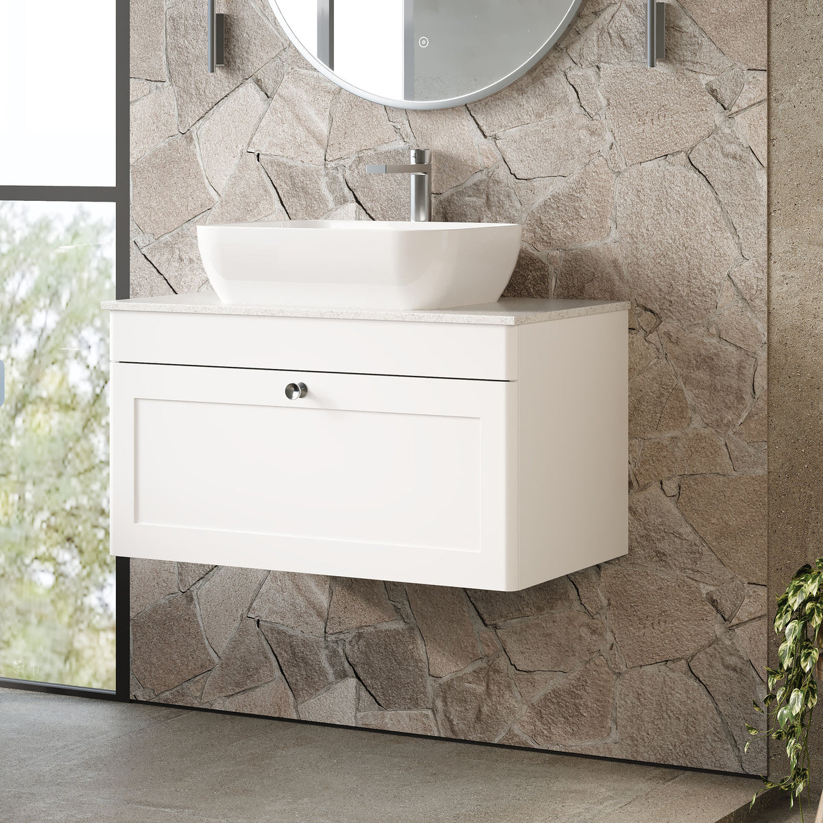 Modern Splash 800mm Satin White 1 Drawer Wall Hung Vanity With White Marble Worktop