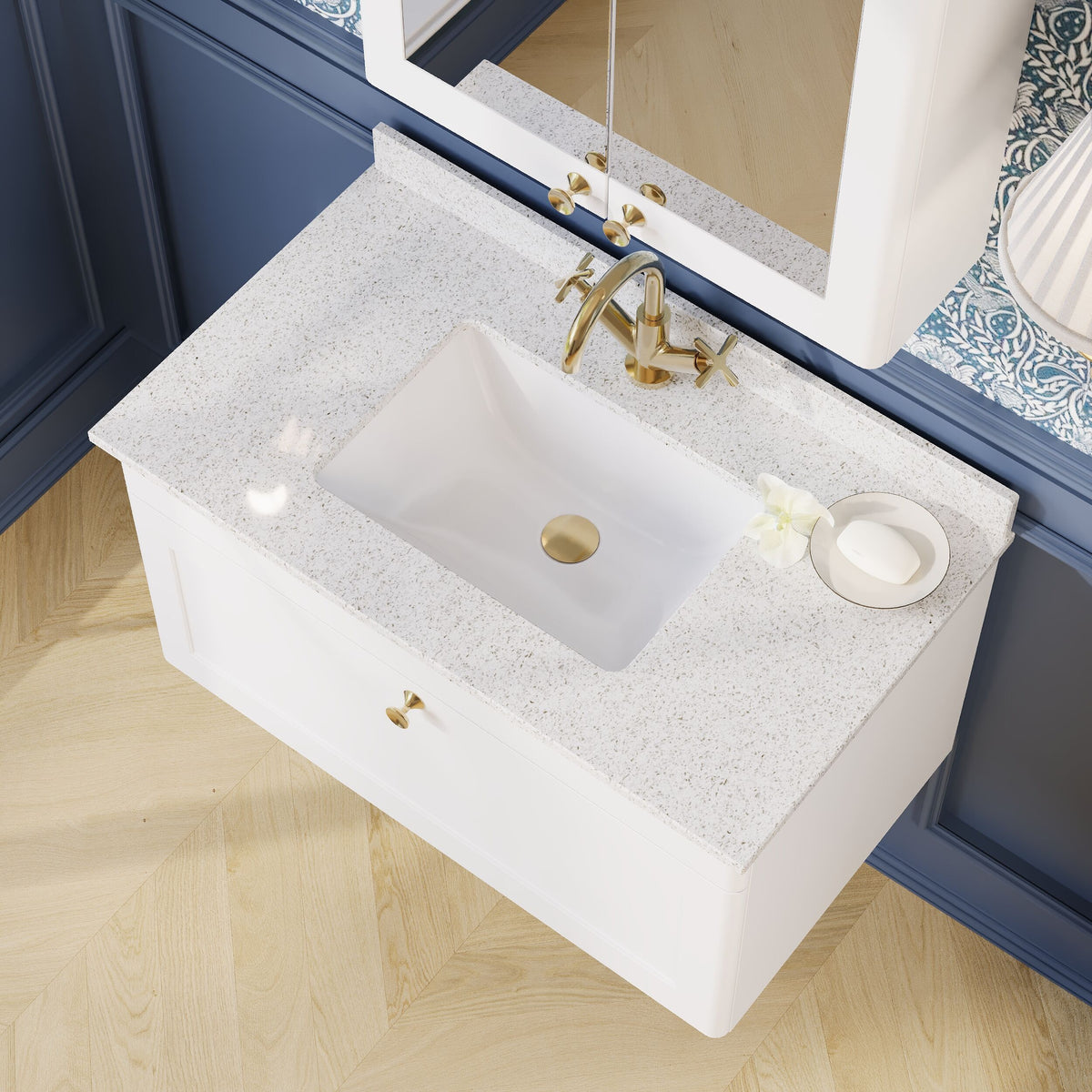 Modern Splash 800mm Satin White 1 Drawer Wall Hung Vanity Unit With 1 Tap Hole Marble Basin