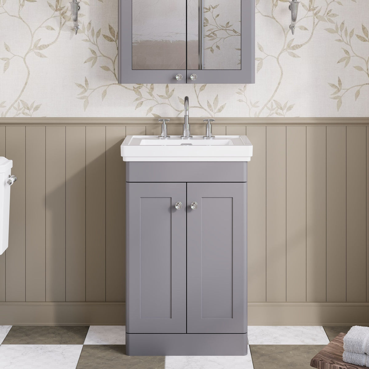 Modern Splash 500mm Satin Grey 2 Door Floor Standing Vanity Unit With 3 Tap Hole Basin