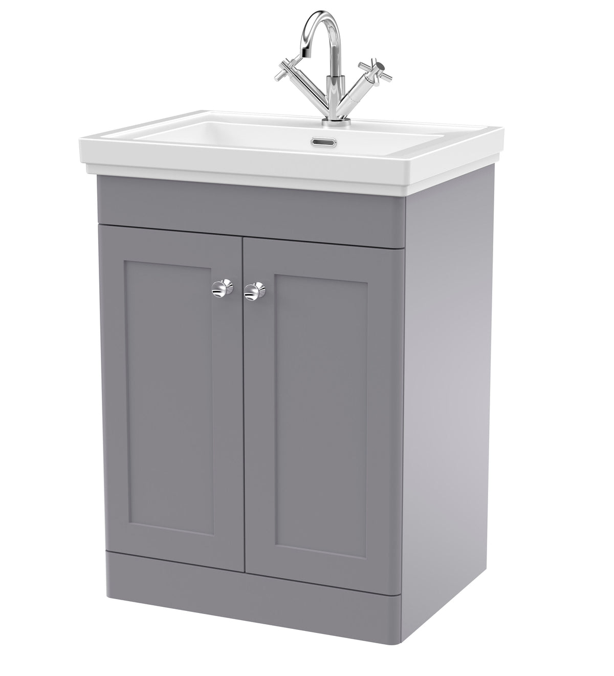 Modern Splash 600mm Satin Grey 2 Door Floor Standing Vanity Unit With 1 Tap Hole Basin With Ceramic Basin