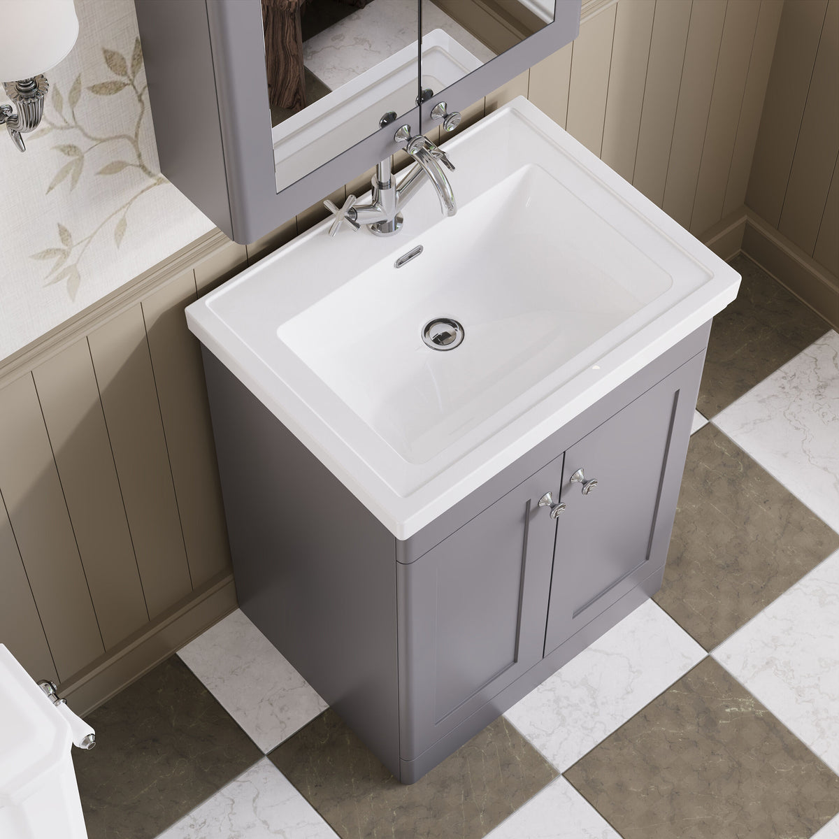 Modern Splash 600mm Satin Grey 2 Door Floor Standing Vanity Unit With 1 Tap Hole Basin With Ceramic Basin
