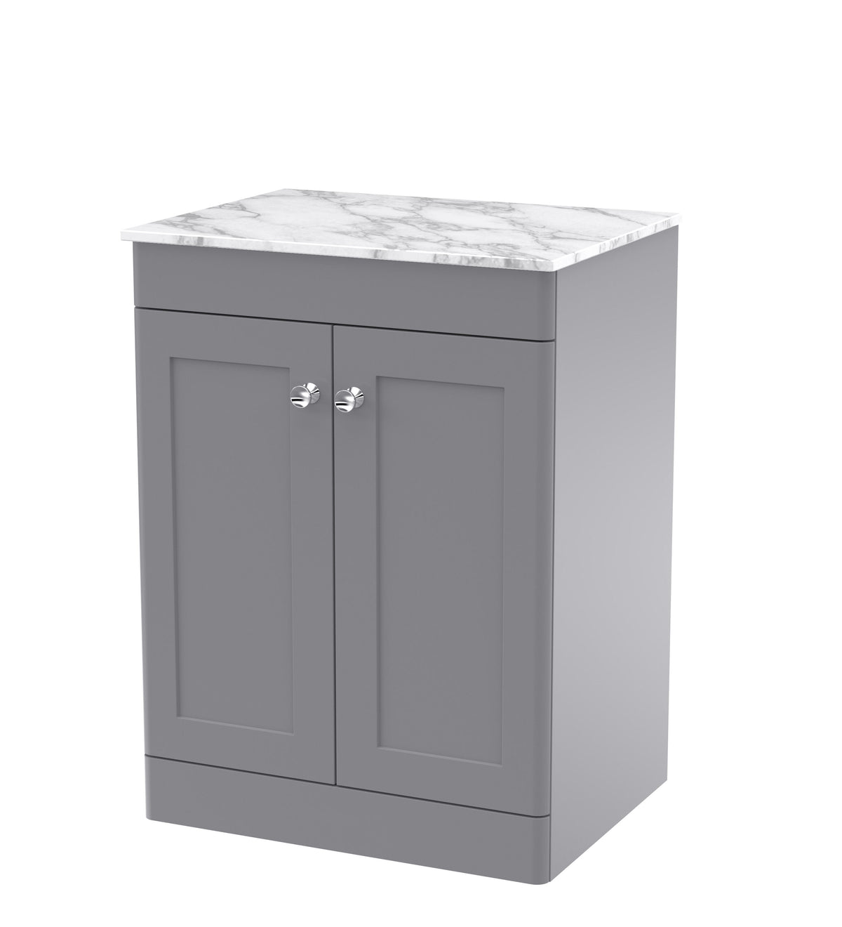Modern Splash 600mm Satin Grey 2 Door Floor Standing Vanity Unit With Carrara Marble Worktop