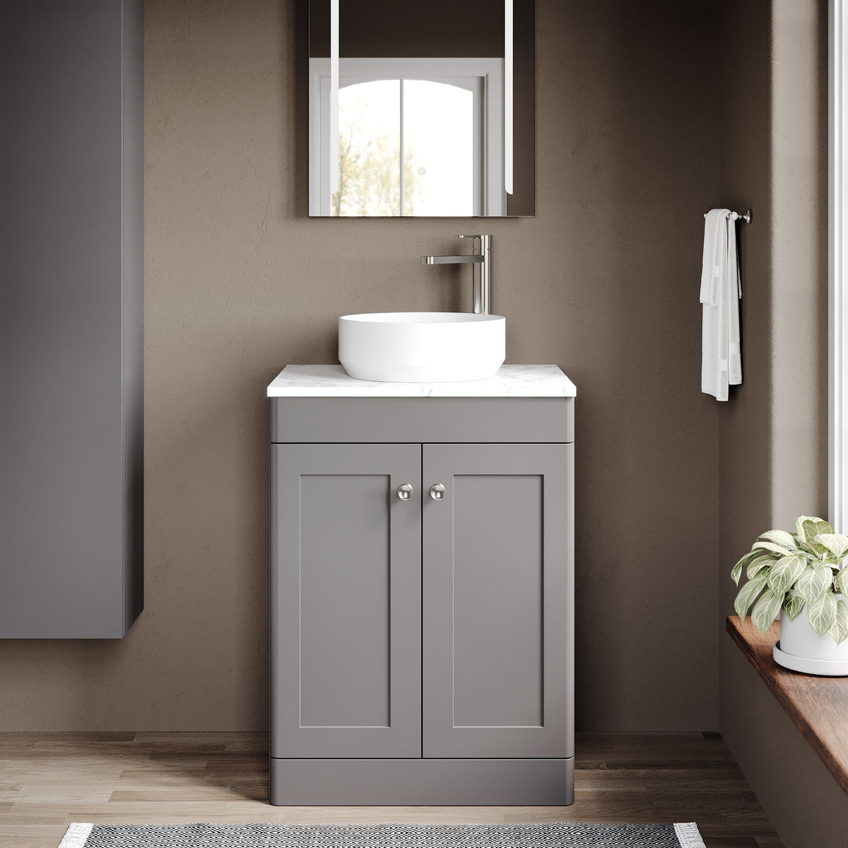 Modern Splash 600mm Satin Grey 2 Door Floor Standing Vanity Unit With Carrara Marble Worktop