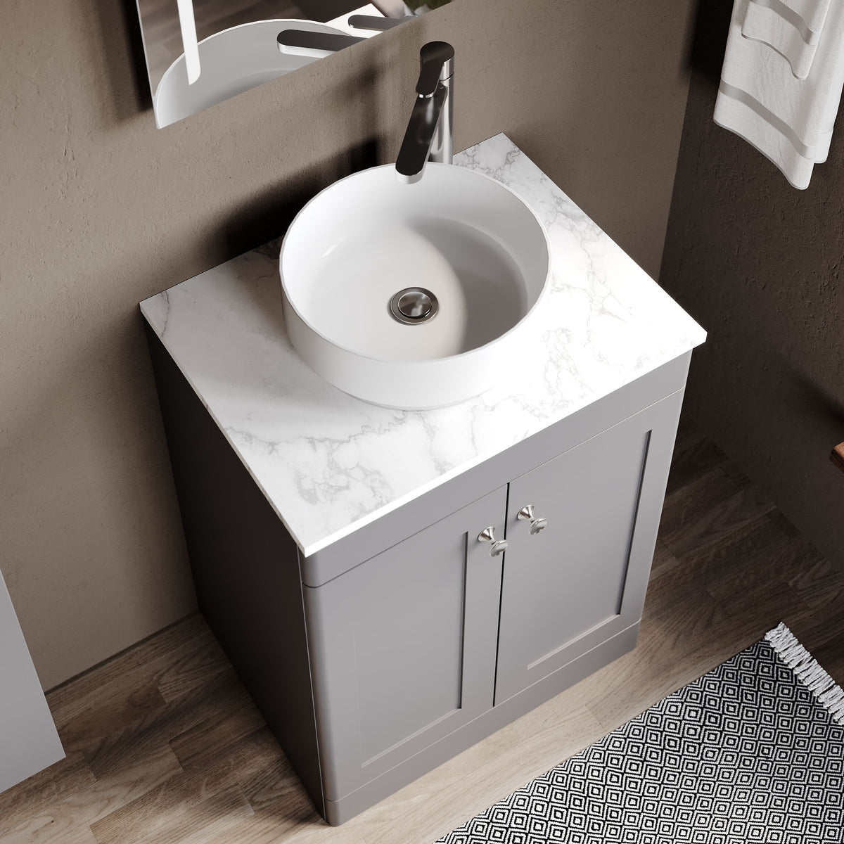 Modern Splash 600mm Satin Grey 2 Door Floor Standing Vanity Unit With Carrara Marble Worktop