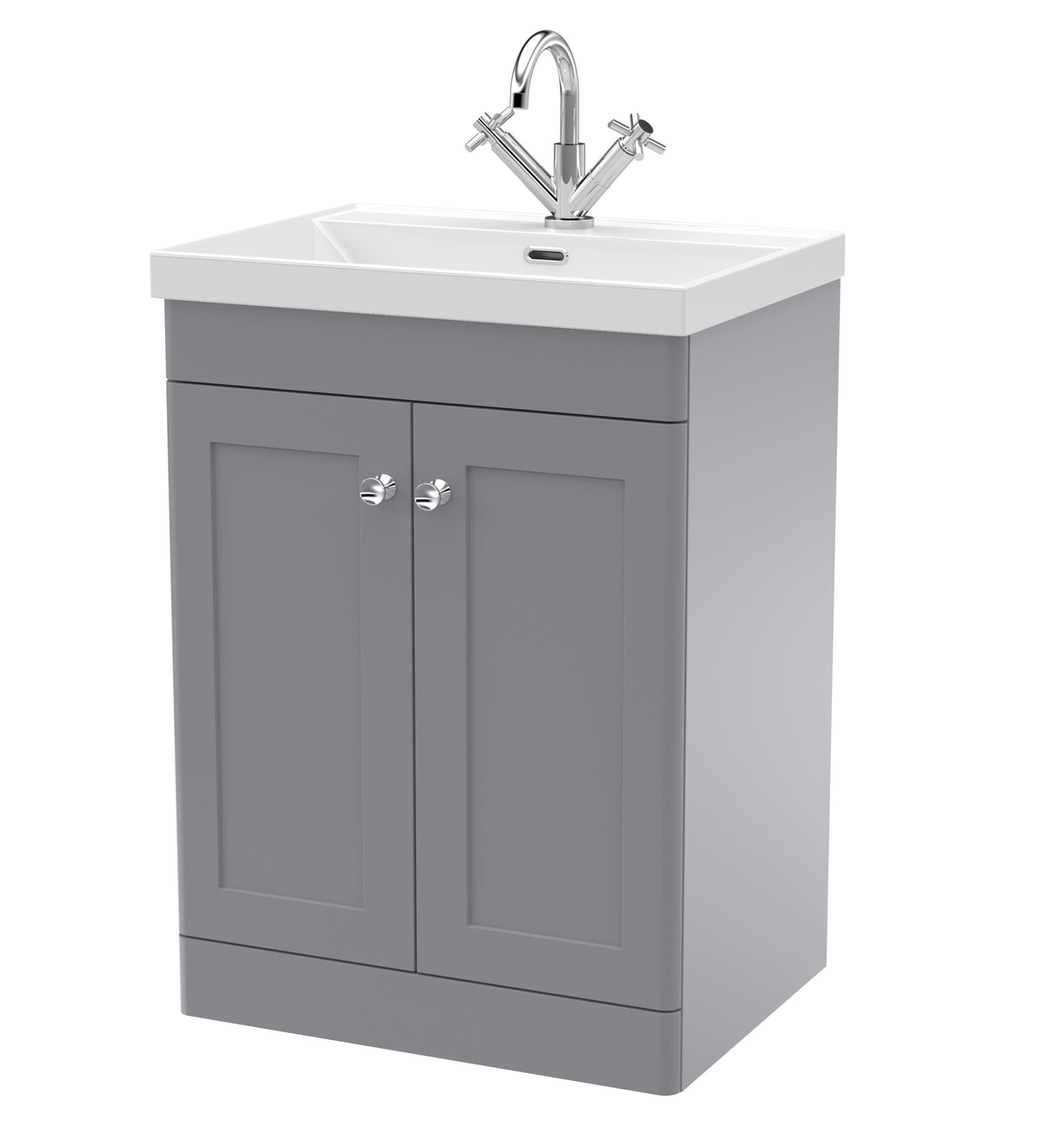 Modern Splash 600mm Satin Grey 2 Door Floor Standing Vanity Unit With 1 Tap Hole Thin Edge Basin
