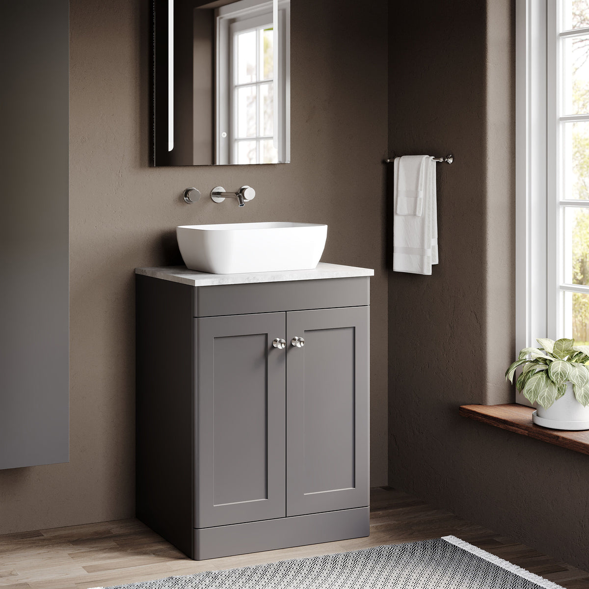 Modern Splash 600mm Satin Grey 2 Door Floor Standing Vanity Unit With Grey Marble Worktop