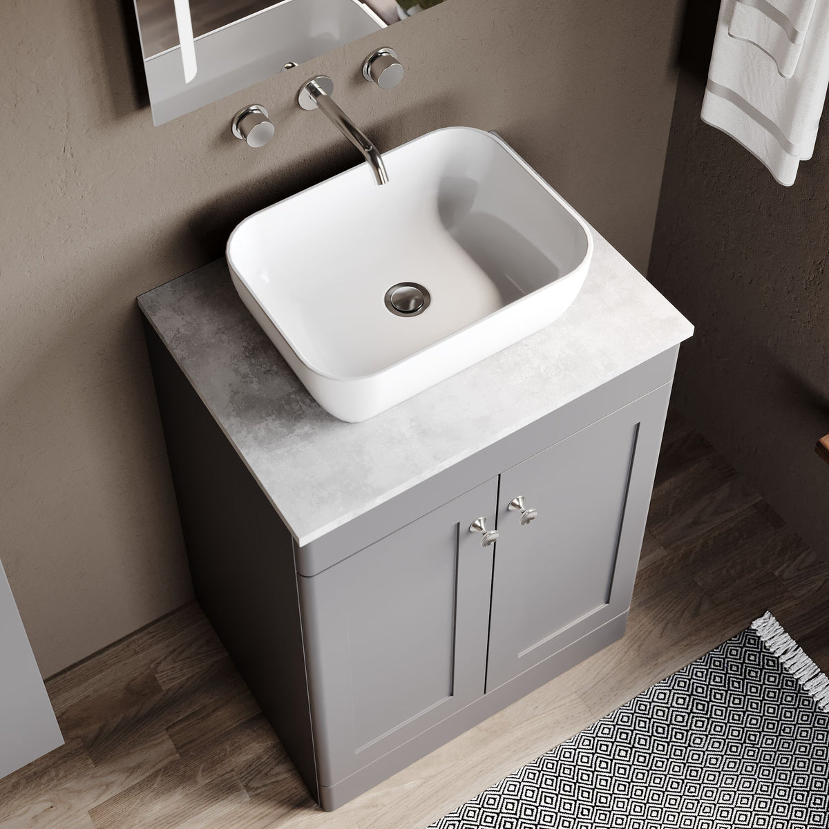 Modern Splash 600mm Satin Grey 2 Door Floor Standing Vanity Unit With Grey Marble Worktop