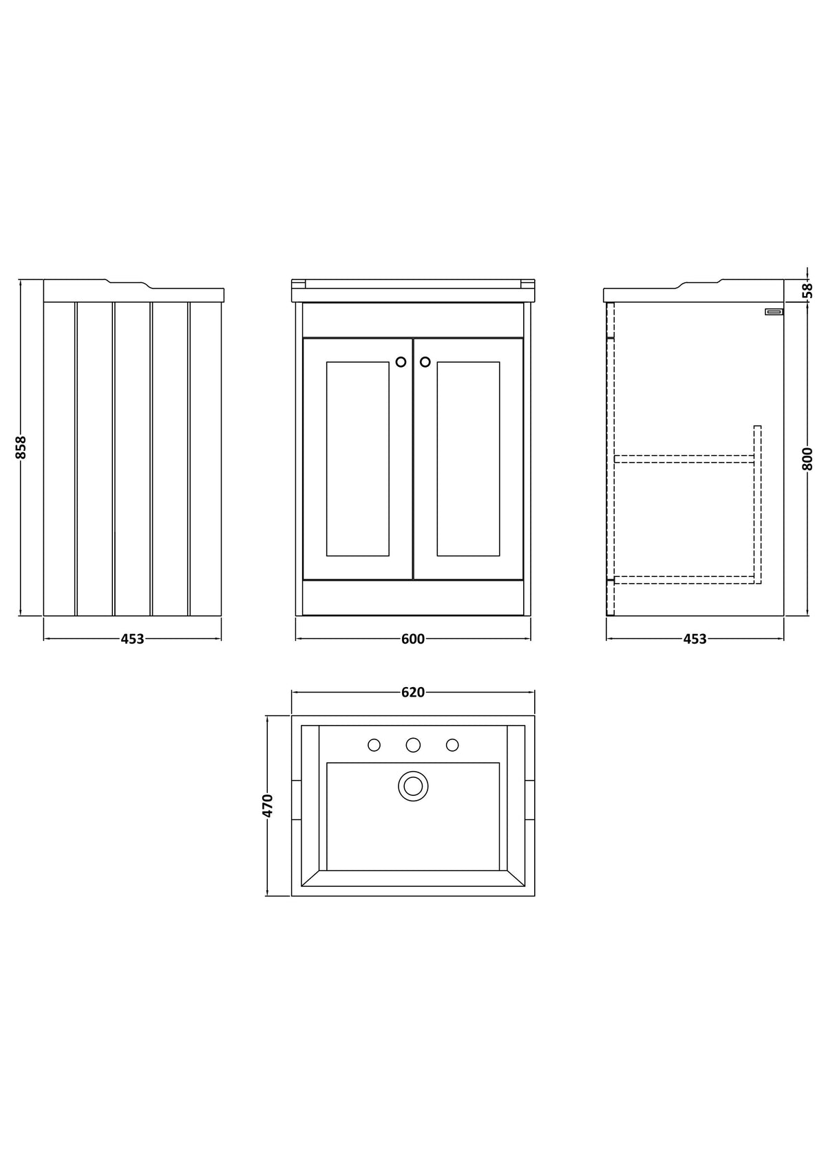 Modern Splash 600mm Satin Grey 2 Door Floor Standing Vanity Unit With 3 Tap Hole Basin