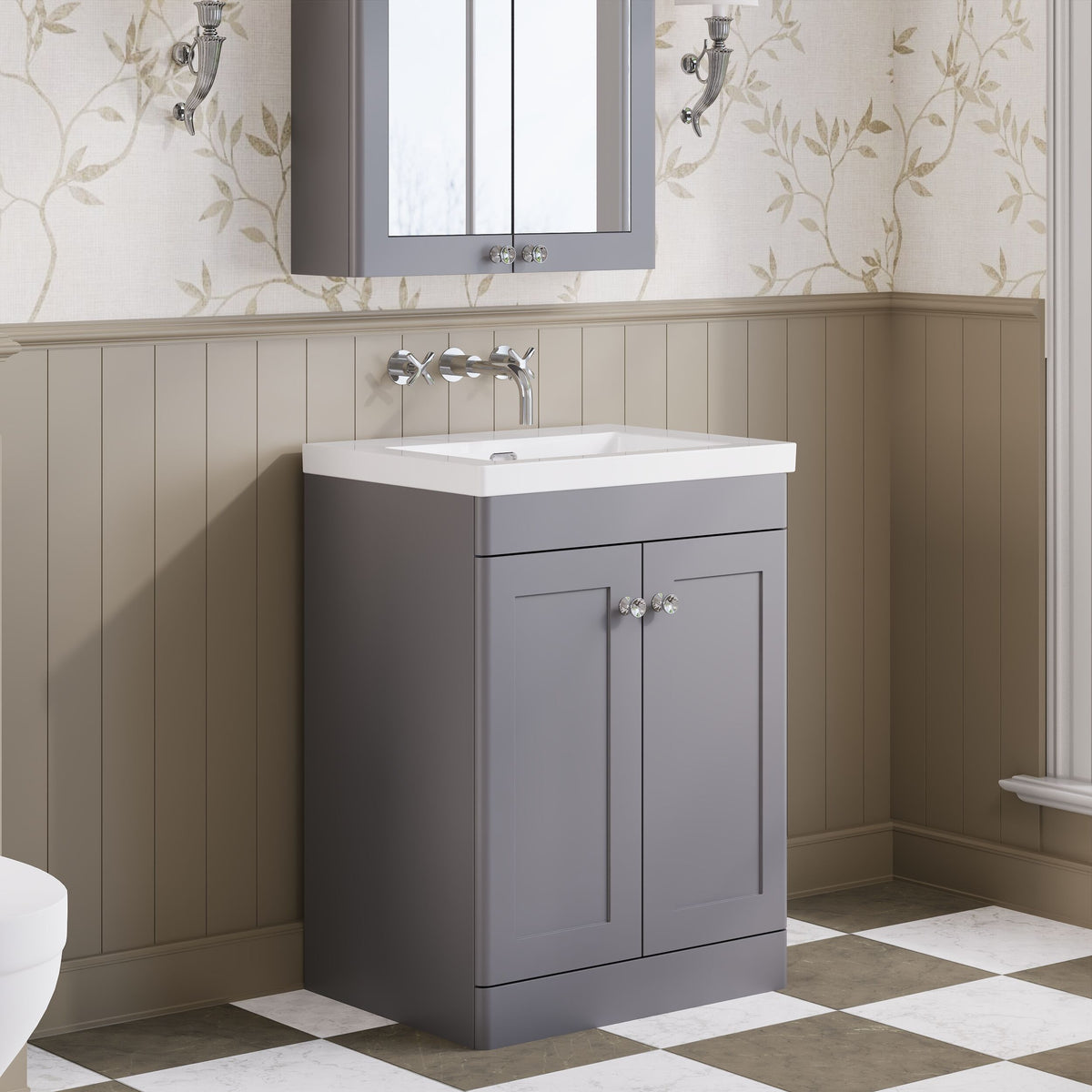 Modern Splash 600mm Satin Grey 2 Door Floor Standing Vanity Unit With Fireclay Basin