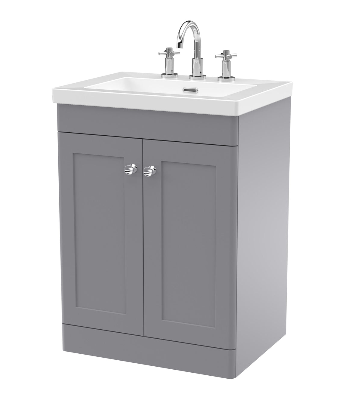 Modern Splash 600mm Satin Grey 2 Door Floor Standing Vanity Unit With 3 Tap Hole Fireclay Basin