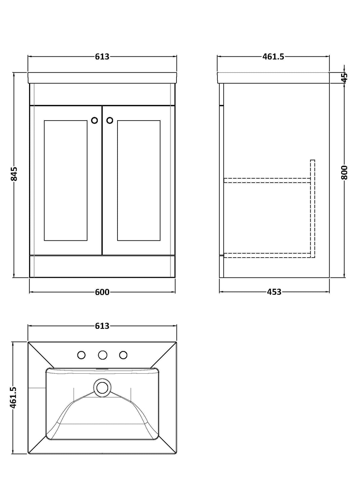 Modern Splash 600mm Satin Grey 2 Door Floor Standing Vanity Unit With 3 Tap Hole Fireclay Basin