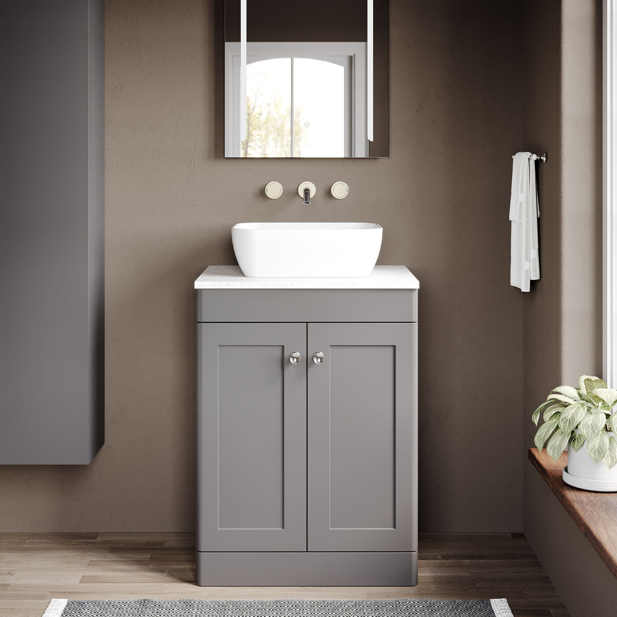 Modern Splash 600mm Satin Grey 2 Door Floor Standing Vanity With White Marble Worktop
