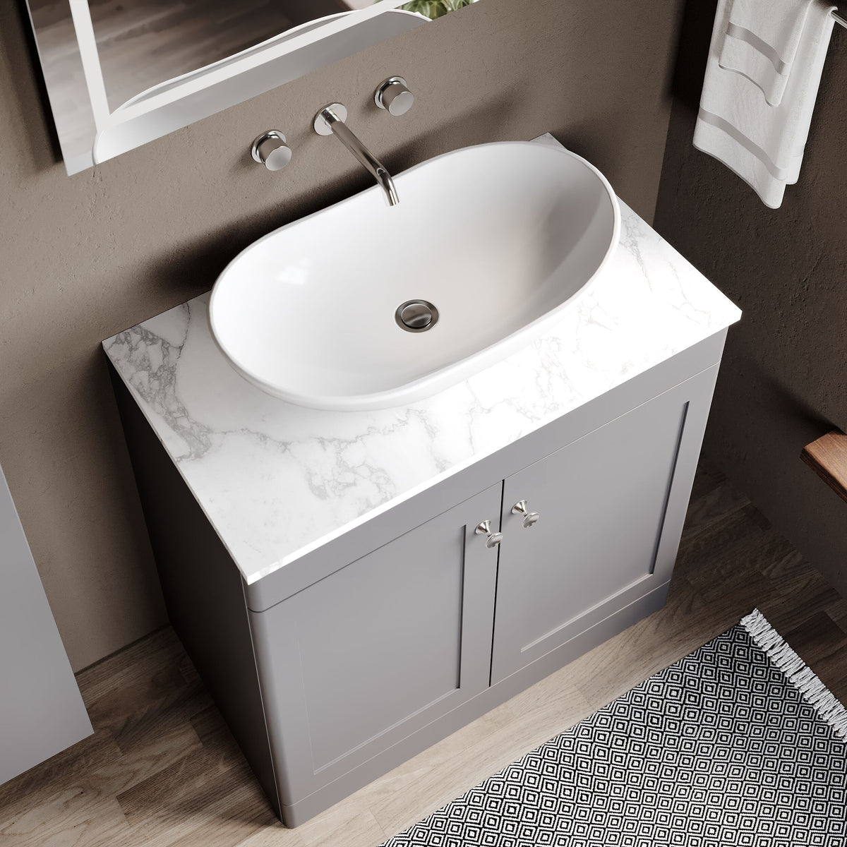 Modern Splash 800mm Satin Grey 2 Door Floor Standing Vanity Unit With Carrara Marble Worktop